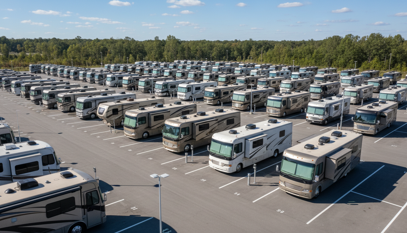 Wide view of a modern RV parking lot with large motorhomes parked in organized rows, visible ground sensors and cameras, surrounded by generic trees under a clear sky