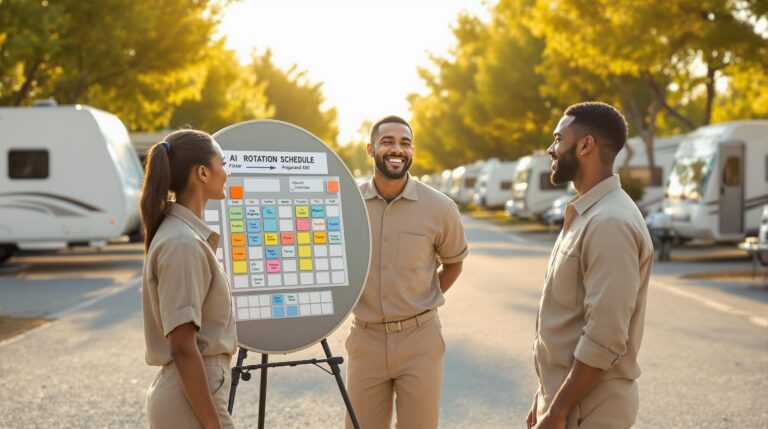 Three-person cleaning crew in matching uniforms stands beside a color-coded magnetic board, symbolizing an AI-generated schedule, with white RVs and trees softly blurred in the background of a generic, sunlit RV park.