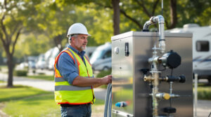 Technician in safety vest inspects modern wastewater treatment unit next to parked RVs in a generic, tree-lined campground on a clear morning.