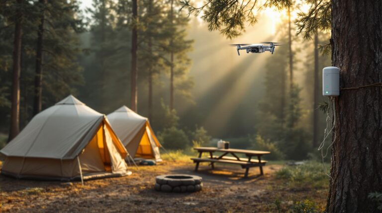 A realistic campground at sunrise with two dome tents, extinguished fire ring, and a picnic table surrounded by pine and aspen trees. An AI wildfire detection sensor is attached to a tree, while a small drone hovers overhead. Soft mist and golden light create a calm, secure atmosphere.