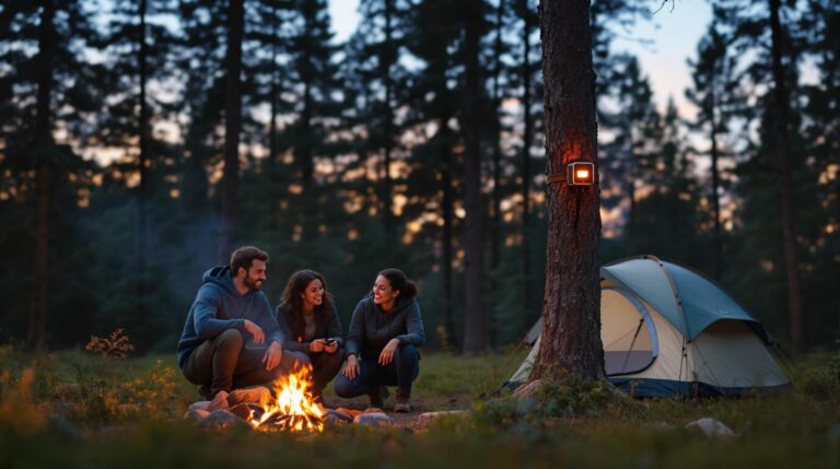 Two campers talk beside a campfire and tent in a forest, glancing at a small wildlife sensor attached to a tree at dusk with soft, natural lighting.