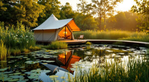 A modern canvas glamping tent sits near a small natural pond bordered by native grasses and reeds, with a frog on a lily pad in the foreground and a woodland backdrop.