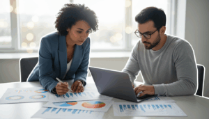 Two data analysts review printed charts with colorful graphs and heat maps, working together in a bright, modern office with a blurred, unidentifiable background.