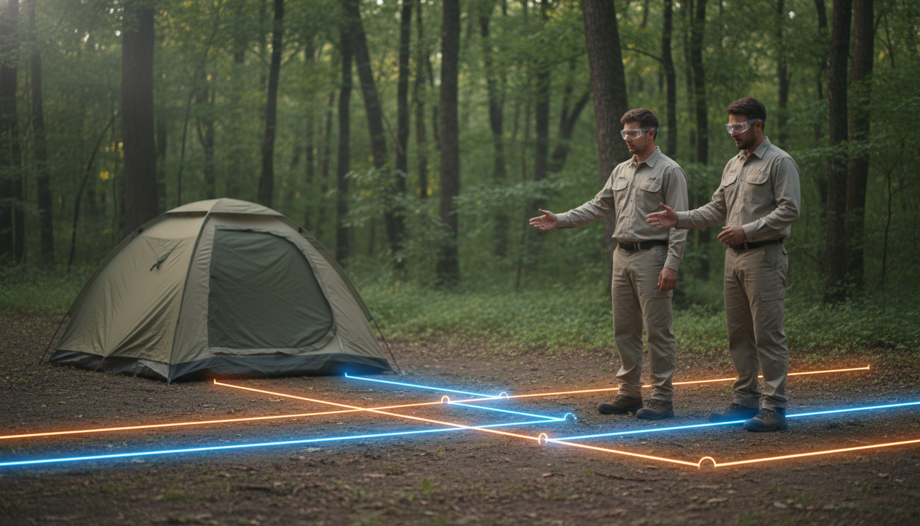 Two campground workers wearing AR glasses identify underground utilities beneath a tent, with glowing holographic lines visible on the forest floor in a generic, sunlit campsite.