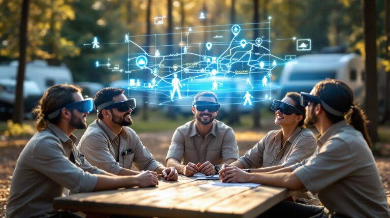 Campground and RV park staff wearing AR glasses gather around a picnic table in a forest clearing, viewing a glowing holographic evacuation map during a training session, with blurred trees and RVs in the background.