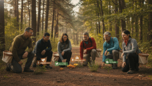 Group of campers wearing AR glasses foraging for mushrooms and herbs on a wooded trail, with subtle holographic plant overlays, in warm afternoon sunlight
