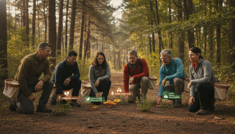 Group of campers wearing AR glasses foraging for mushrooms and herbs on a wooded trail, with subtle holographic plant overlays, in warm afternoon sunlight