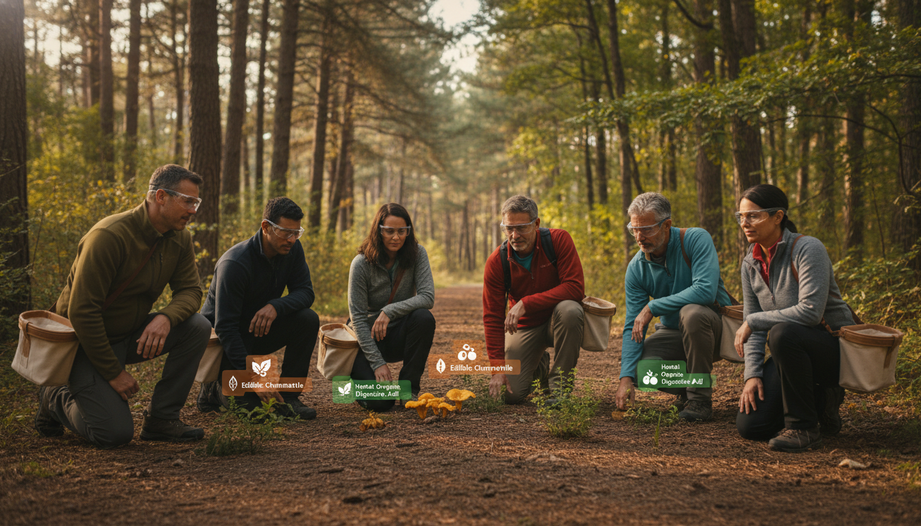 Group of campers wearing AR glasses foraging for mushrooms and herbs on a wooded trail, with subtle holographic plant overlays, in warm afternoon sunlight
