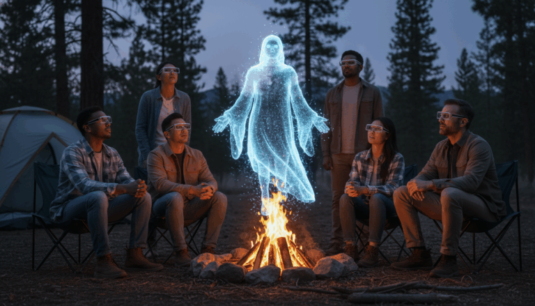 Campers wearing AR glasses gather around a campfire at dusk, watching a glowing holographic ghost hover above the flames in a generic woodland campground.