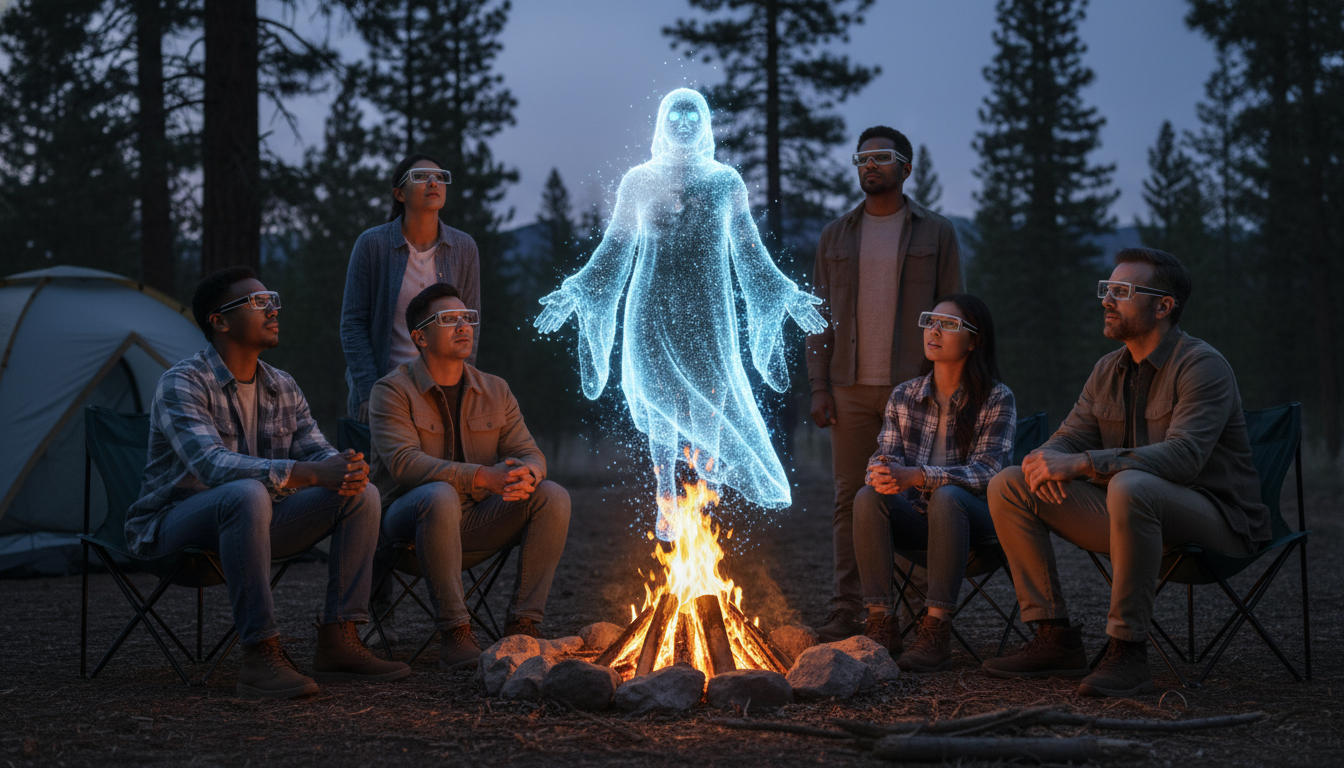 Campers wearing AR glasses gather around a campfire at dusk, watching a glowing holographic ghost hover above the flames in a generic woodland campground.