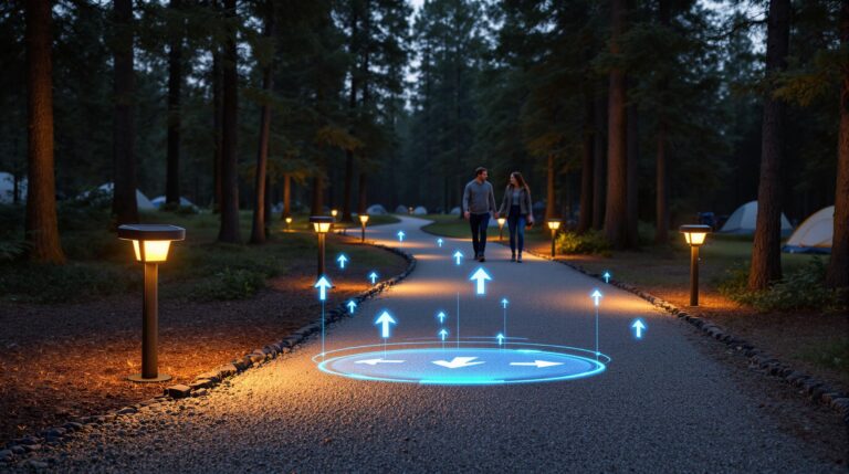 Campground path at dusk with motion-activated solar lights and augmented reality arrows guiding two campers, surrounded by pine trees and tents.