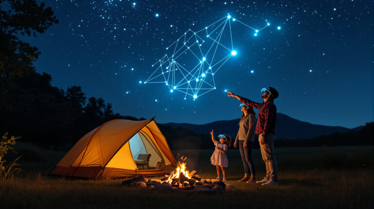 Three campers wearing AR glasses stand by a tent at night, pointing at holographic constellations in the starry sky, with a campfire glowing nearby in a generic, grassy campground clearing.