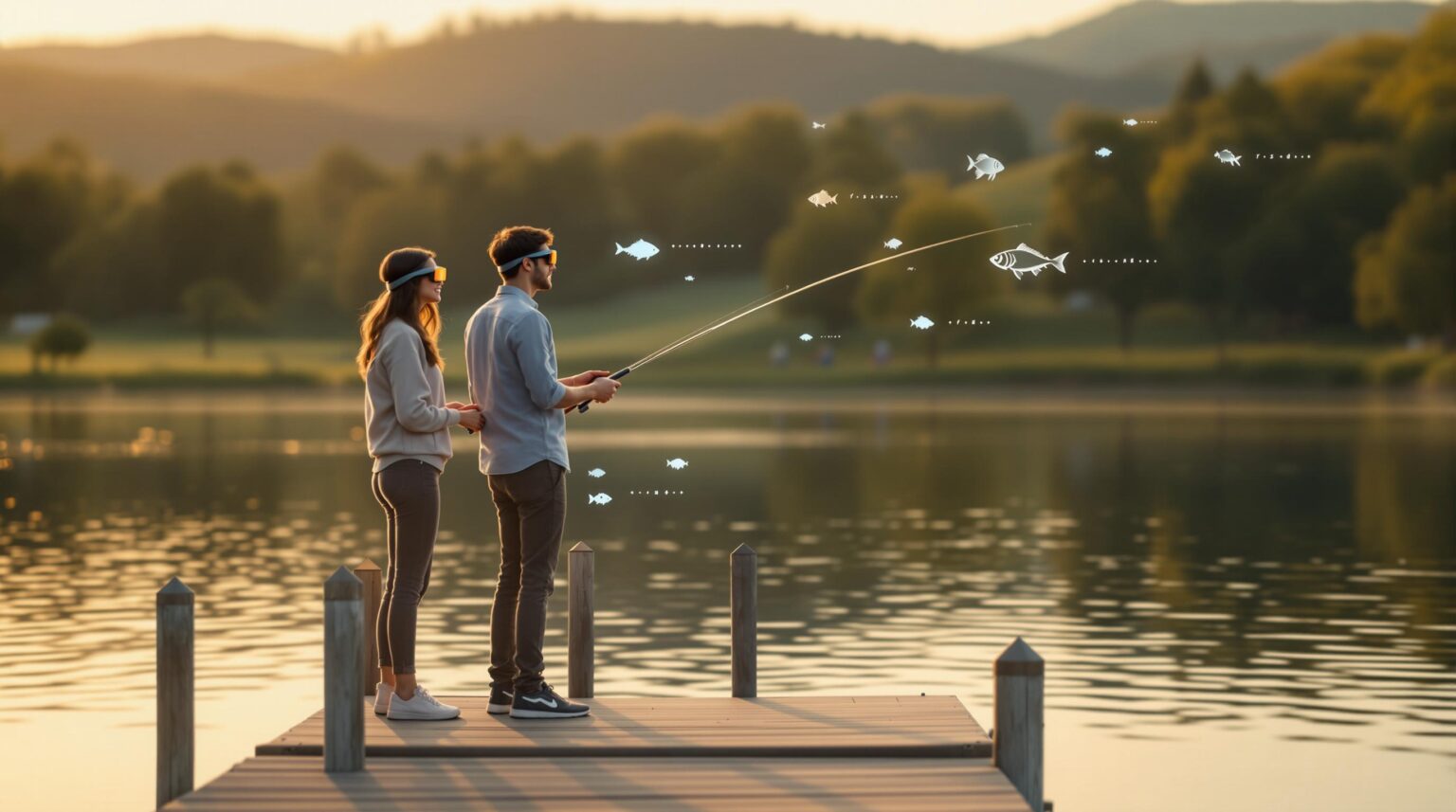 A young couple wearing augmented reality glasses stands on a wooden dock, fishing at a tranquil park lake during sunset, with subtle holographic fish silhouettes hovering over the water and a softly blurred, generic natural background.