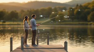 A young couple wearing augmented reality glasses stands on a wooden dock, fishing at a tranquil park lake during sunset, with subtle holographic fish silhouettes hovering over the water and a softly blurred, generic natural background.