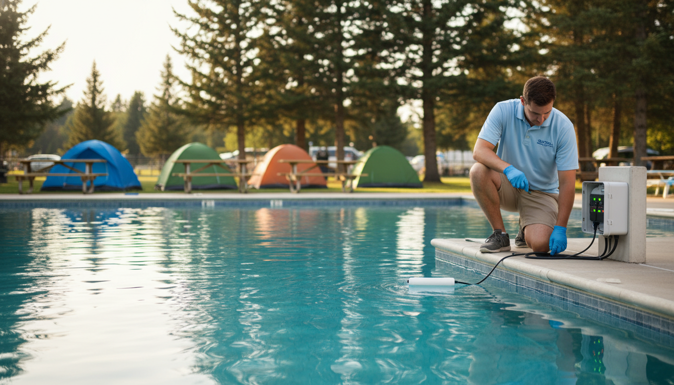 Maintenance worker checks automated chlorine sensor at outdoor campground pool with tents and trees in background on a sunny day