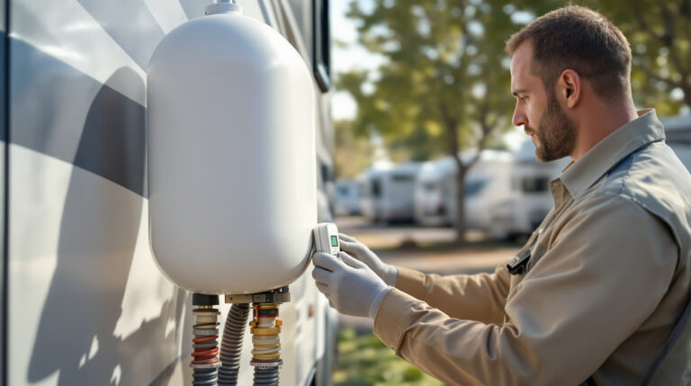 Technician installing a wireless sensor on a propane tank beside an RV in a generic park, with other recreational vehicles and trees blurred in the background.