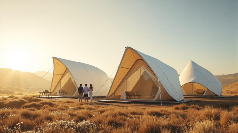 Automated solar-sail tents unfolding at a modern eco-friendly campsite with two guests watching, set against grassy hills and a neutral sky.