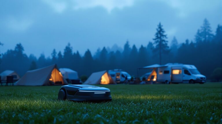 An autonomous robotic lawn mower operates on dewy grass at dawn in a generic campground, with neutral tents and a camper van in the background and misty trees fading into the early morning light.