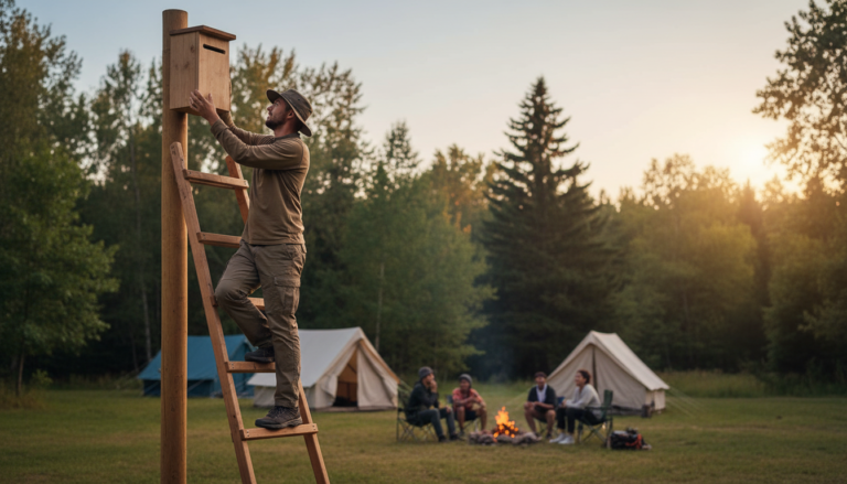 A conservationist installs a wooden bat box on a pole at the edge of a generic forest campground, with tents and campers enjoying an outdoor evening in the background.