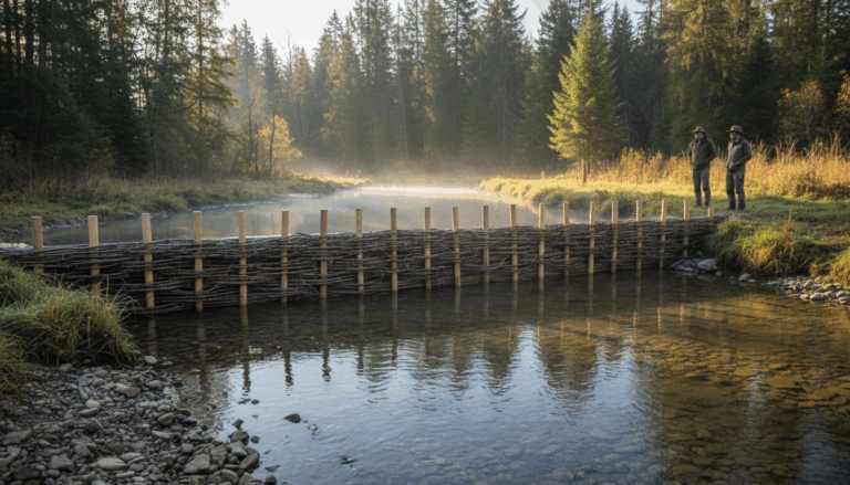 Two campers observe a beaver dam analog built from branches and wooden stakes across a shallow stream, surrounded by generic forest in soft morning light.