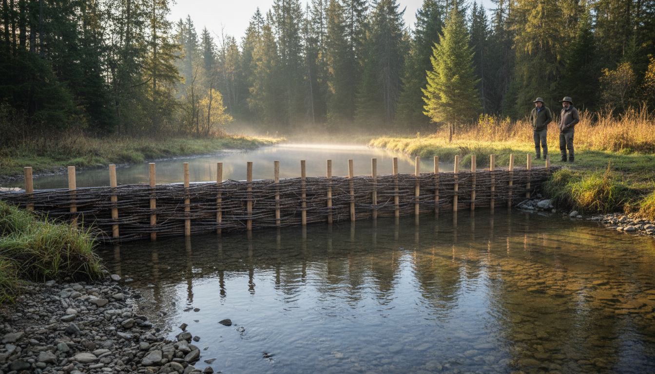Two campers observe a beaver dam analog built from branches and wooden stakes across a shallow stream, surrounded by generic forest in soft morning light.