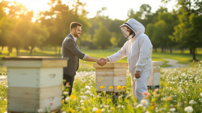 A beekeeper in protective gear shakes hands with a park manager next to beehive boxes on a wildflower meadow with trees and a footpath in the background.