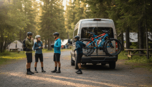 A group of cyclists gathers near a shuttle van with mountain bikes attached to a rear rack in a wooded campground, with tents and picnic tables in the background under soft morning sunlight.