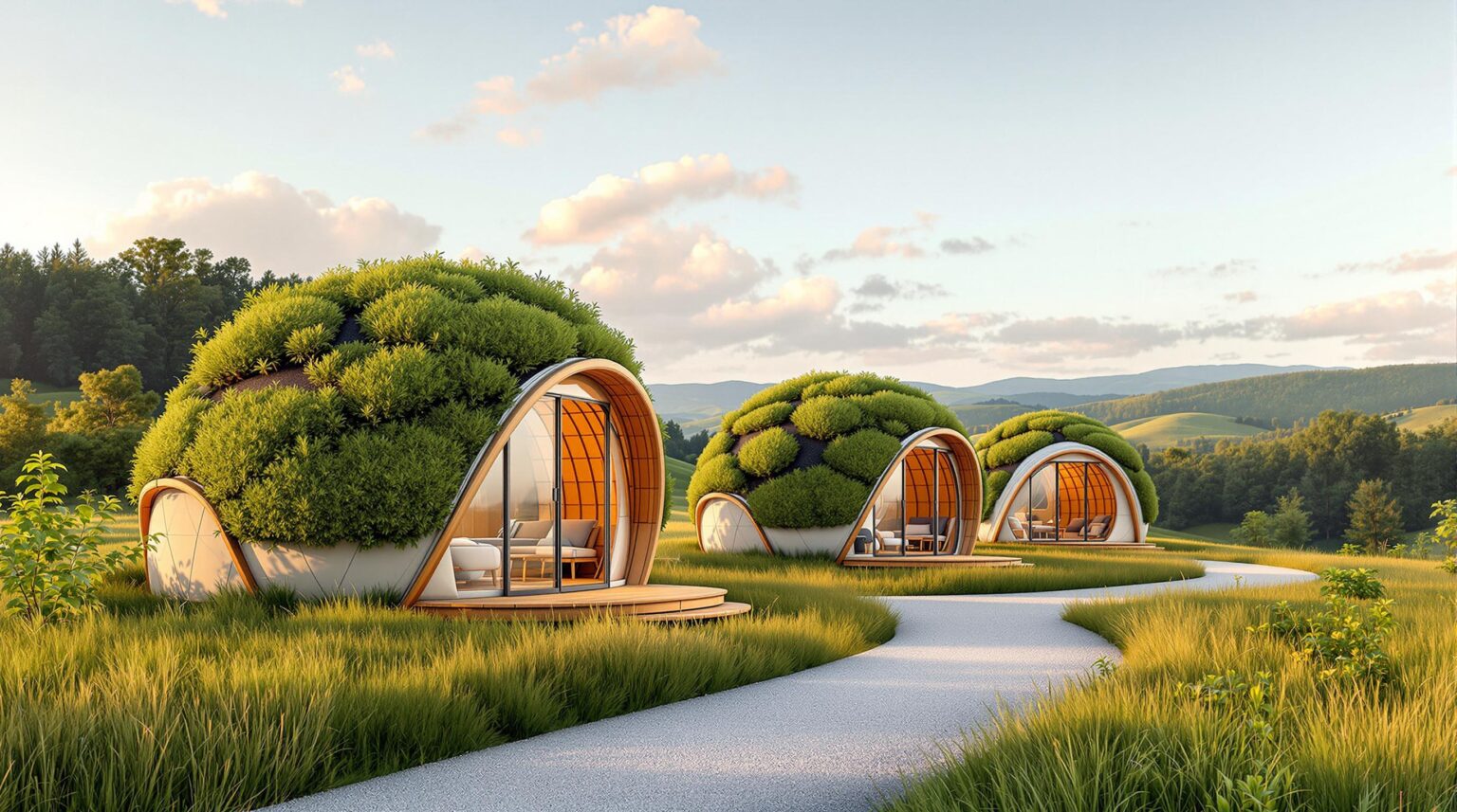Three eco-friendly glamping pods with green roofs and bamboo frames sit along a gravel path in a sunny meadow, surrounded by lush greenery and distant hills.
