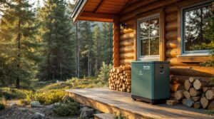 A compact green biofuel generator sits beside a wooden off-grid cabin surrounded by evergreen trees, with stacked firewood on the porch and soft golden sunlight filtering through the forest.