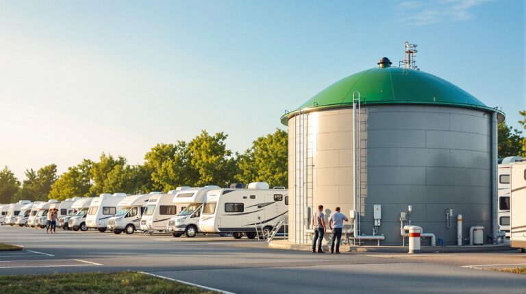 Two adults inspecting a modern biogas digester beside white RVs at a generic RV park, with trees and blue sky in the background