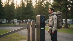 A camper stands at a biometric kiosk near a wooden campground gate, having their face scanned for entry, with a forest background and soft sunlight filtering through trees.