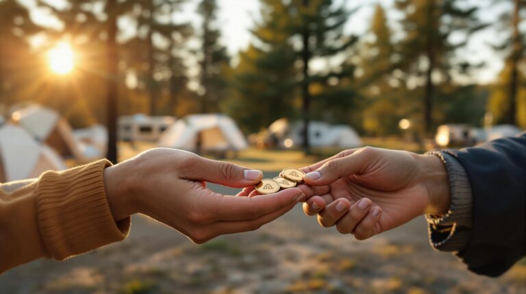 Close-up of two people exchanging bronze tokens with a tent icon at a generic campground, with blurred tents, RVs, and picnic tables in the background during golden-hour light