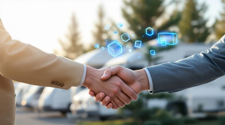 RV resort manager and vendor shake hands outdoors as a printed invoice changes hands, with a translucent digital blockchain graphic floating above the paperwork; blurred motorhomes and trees in the background, warm natural light.