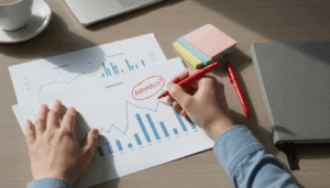 Overhead view of hands analyzing printed booking charts with a red-circled anomaly, red pen, pastel sticky notes, and closed notebook on a wooden desk, softly lit by daylight.
