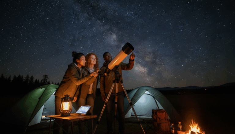 Three campers set up an automated telescope at a nighttime campsite, illuminated by lantern light, with tents and a campfire under a starry sky.