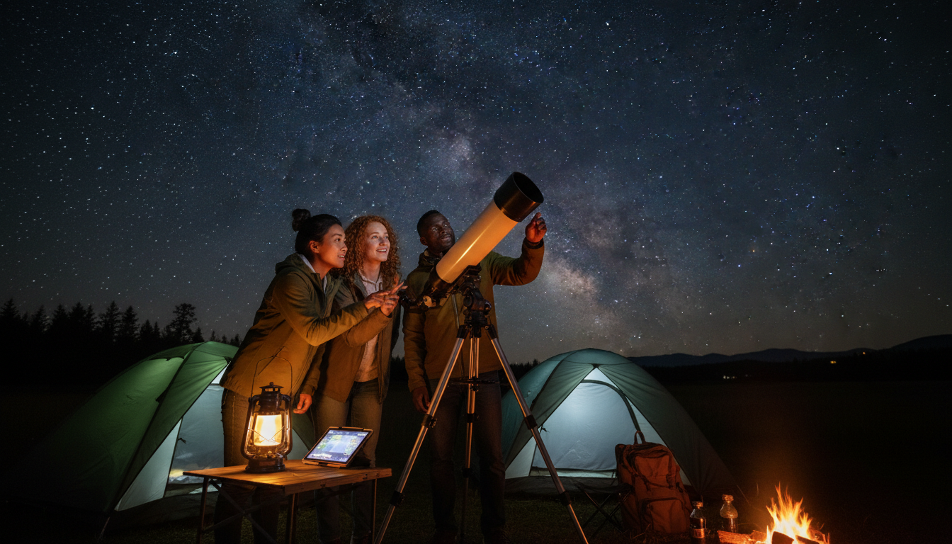 Three campers set up an automated telescope at a nighttime campsite, illuminated by lantern light, with tents and a campfire under a starry sky.