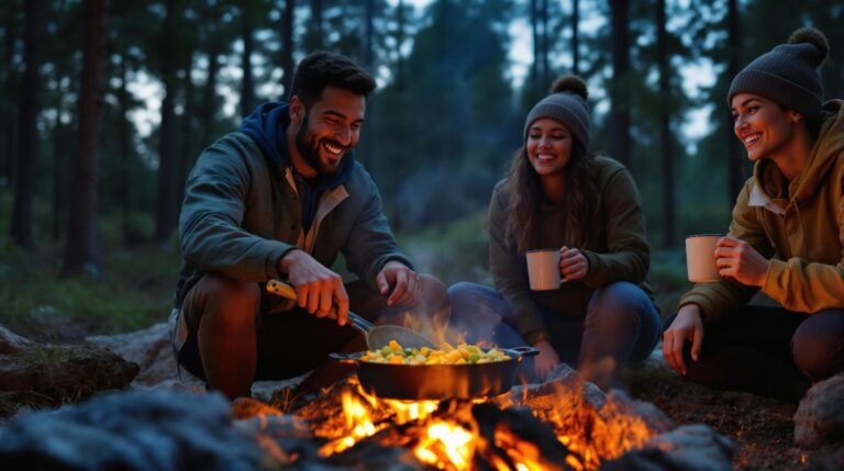 Four campers cooking over a campfire in a forest clearing at dusk, one filming the meal preparation while others watch and enjoy drinks, soft firelight illuminating their faces.