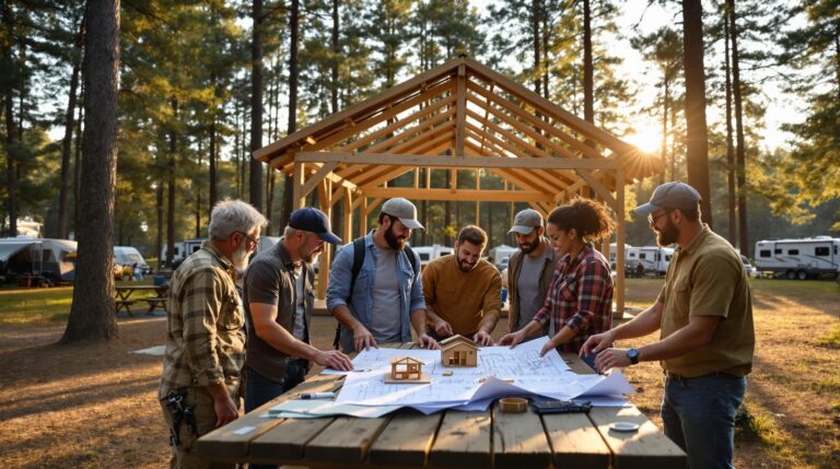 Group of campers reviewing pavilion blueprints and model in a sunlit forest clearing, with pavilion construction and tents visible in the background