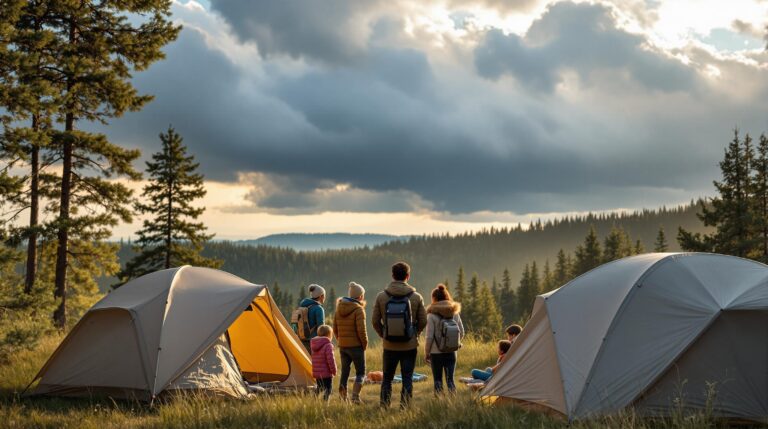 A diverse family of campers stands near tents in a forest clearing, one adult holding a GPS device, as storm clouds gather and a distant bear silhouette appears near the tree line, illustrating alertness to wildlife and weather.