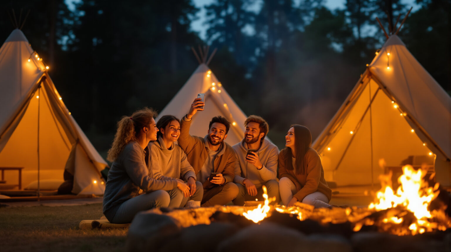 Four young adults gathered around a campfire at a glamping site, smiling as one person takes a photo with a smartphone, canvas tents and string lights blurred in the background, set in a generic wooded area at dusk.