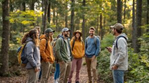 A group of six diverse campers listens to a hiking guide on a forest trail near a generic campsite, with one camper holding a smartphone, sunlight softly filtering through the trees.