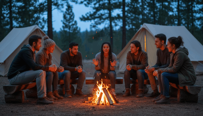 A group of campers sits around a glowing campfire at dusk, listening to a storyteller, with tents and pine trees in the background.