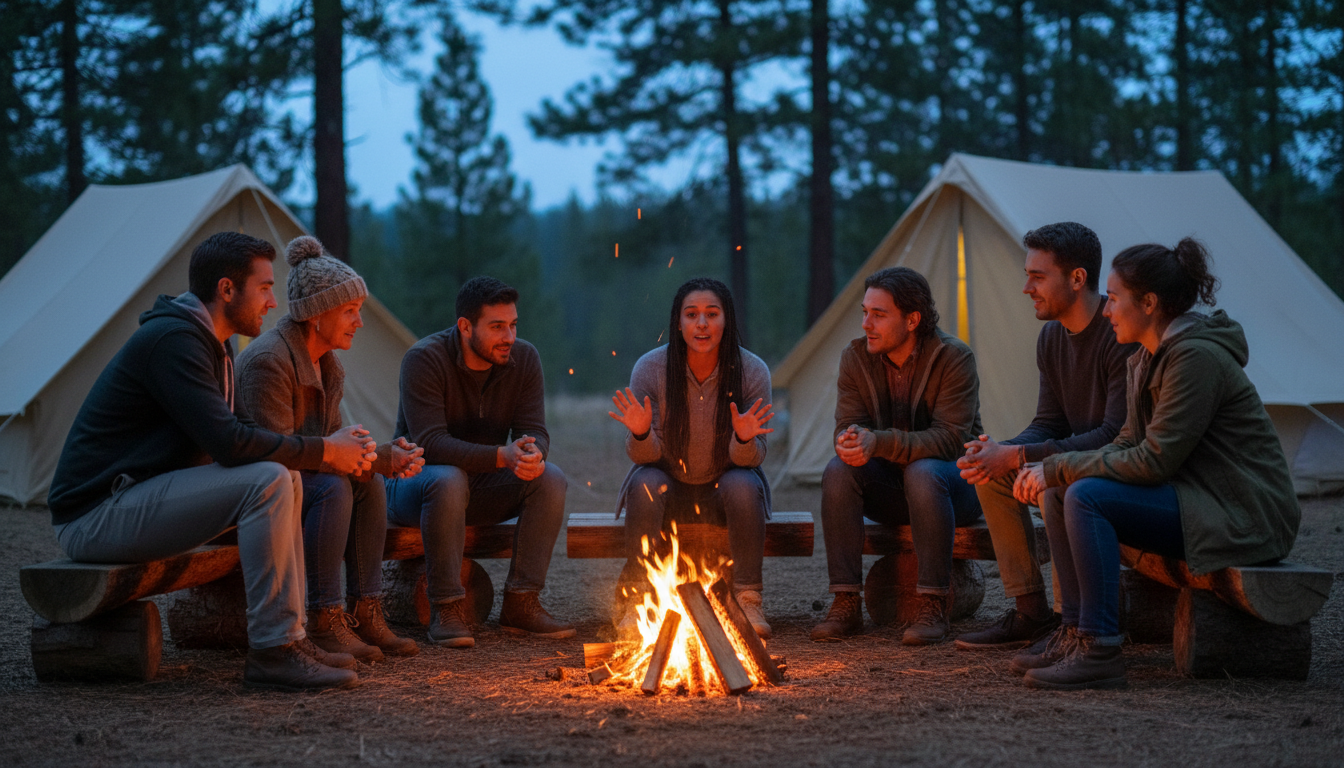 A group of campers sits around a glowing campfire at dusk, listening to a storyteller, with tents and pine trees in the background.