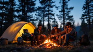 Four campers around a campfire at dusk, one wearing a VR headset, others watching and smiling, with a tent and backpacks in a forest setting.