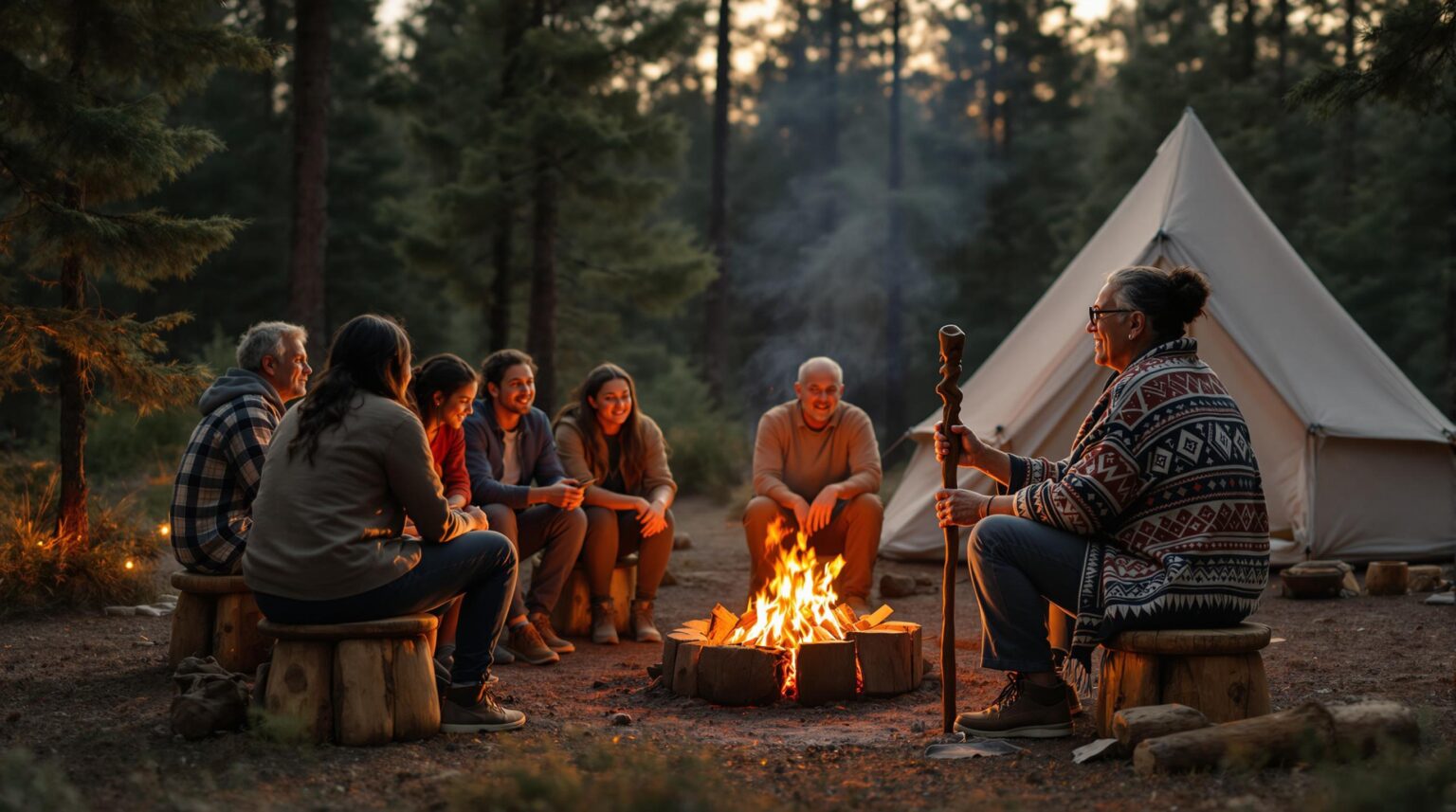 A diverse group of campers sitting around a campfire in a pine forest, listening to an Indigenous elder storyteller wearing a patterned shawl and holding a carved walking stick, with warm campfire light illuminating their faces during golden-hour dusk, and blurred evergreen trees and a plain canvas tent in the background.