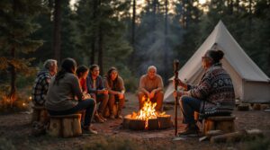 A diverse group of campers sitting around a campfire in a pine forest, listening to an Indigenous elder storyteller wearing a patterned shawl and holding a carved walking stick, with warm campfire light illuminating their faces during golden-hour dusk, and blurred evergreen trees and a plain canvas tent in the background.