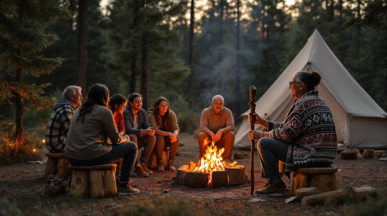 A diverse group of campers sitting around a campfire in a pine forest, listening to an Indigenous elder storyteller wearing a patterned shawl and holding a carved walking stick, with warm campfire light illuminating their faces during golden-hour dusk, and blurred evergreen trees and a plain canvas tent in the background.