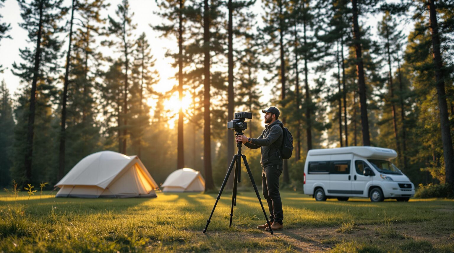 Professional photographer setting up a 360-degree camera on a tripod in a generic campground with tents, a camper van, and pine trees in soft morning light