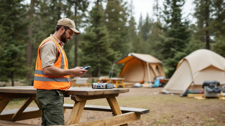 Campground maintenance worker in safety vest inspects equipment at an anonymous campsite with trees and a tent in the background, holding a handheld device, photographed in natural daylight.