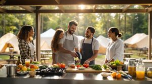 Campground host uses handheld allergen scanner in outdoor camp kitchen while two diverse campers observe, surrounded by fresh vegetables and cooking utensils, with tents and greenery blurred in the background.